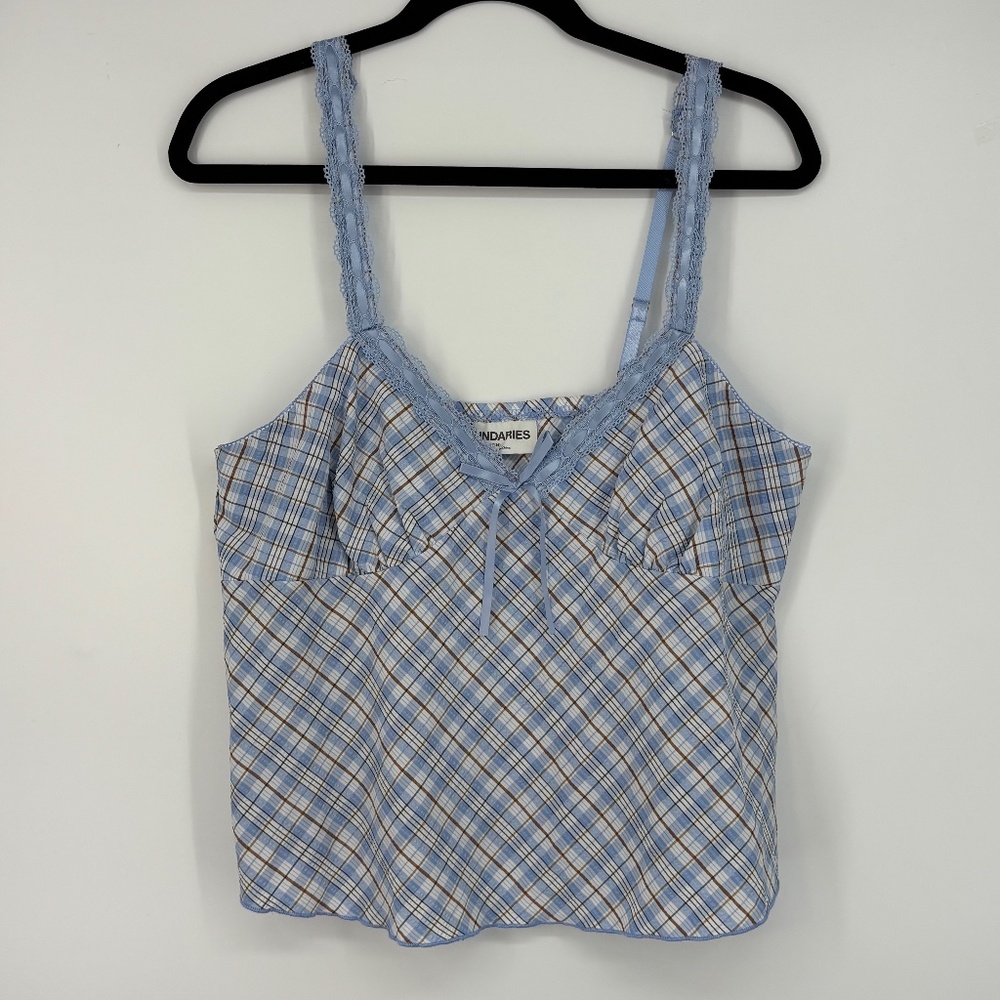 No Boundaries Womens Large Camisole Tank Top Blue Brown Plaid Ribbon Trim Retro